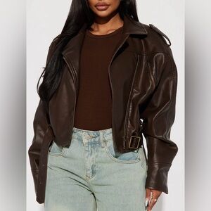 Fashion Nova Women’s Oversized Chocolate Brown Faux Leather Moto Jacket SIZE M